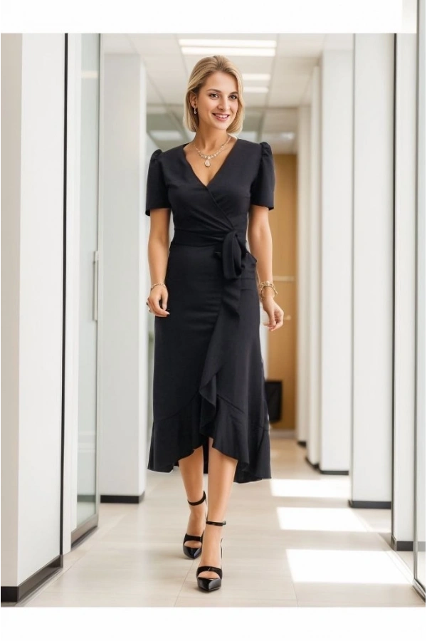 Bidebuvar Kadın Kruvaze Yaka Midi Boy Kuşaklı Krep Elbise 120 Cm