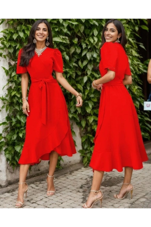 Bidebuvar Kadın Kruvaze Yaka Midi Boy Kuşaklı Krep Elbise 120 Cm