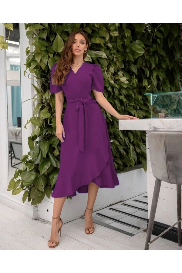 Bidebuvar Kadın Kruvaze Yaka Midi Boy Kuşaklı Krep Elbise 120 Cm