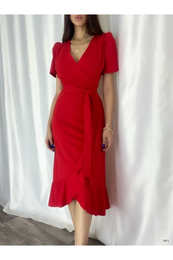 Bidebuvar Kadın Kruvaze Yaka Midi Boy Kuşaklı Krep Elbise 120 Cm