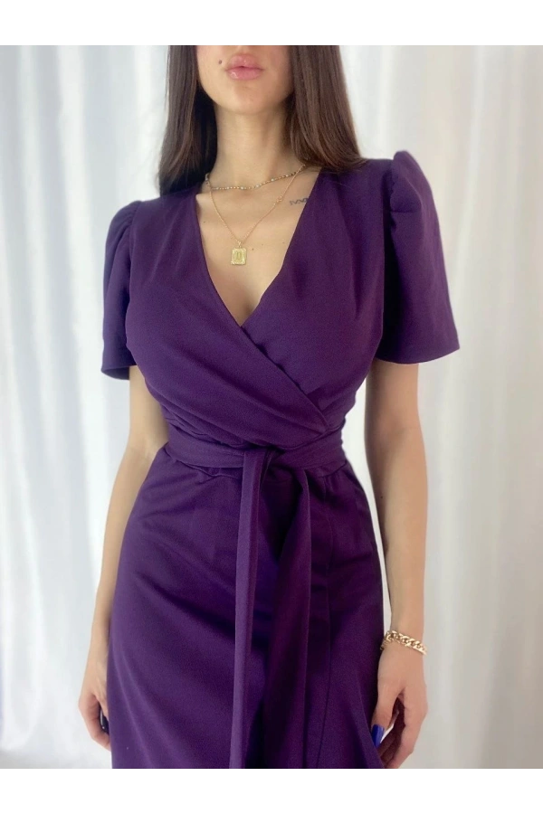 Bidebuvar Kadın Kruvaze Yaka Midi Boy Kuşaklı Krep Elbise 120 Cm