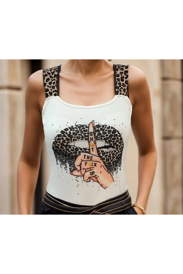 Bidebuvar Kadın Leopar Askılı Leopar Baskılı Mikro Kumaş Bluz