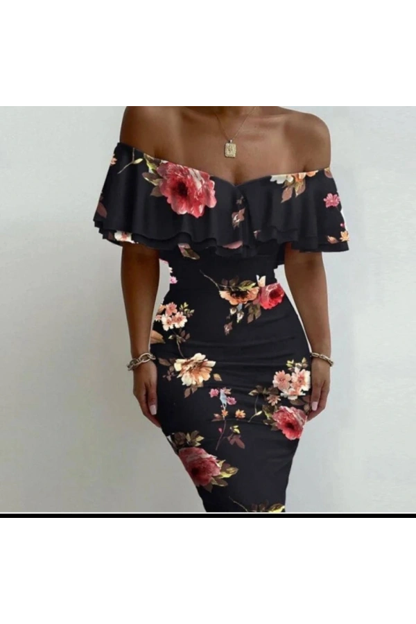 Bidebuvar Kadın Madonna Yaka çiçek Baskılı Volan Detay Kalem Elbise