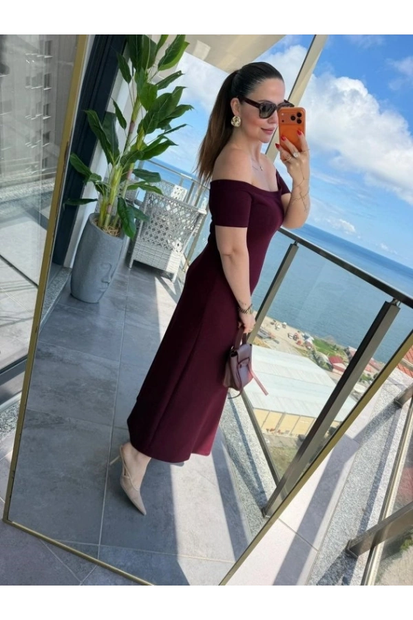 Bidebuvar Kadın Madonna Yaka Midi Boy Modal Elbise