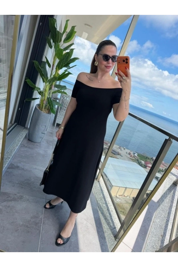 Bidebuvar Kadın Madonna Yaka Midi Boy Modal Elbise