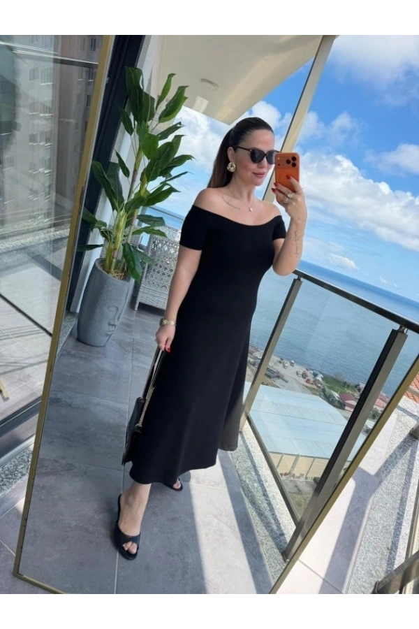 Bidebuvar Kadın Madonna Yaka Midi Boy Modal Elbise