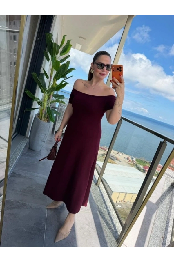 Bidebuvar Kadın Madonna Yaka Midi Boy Modal Elbise