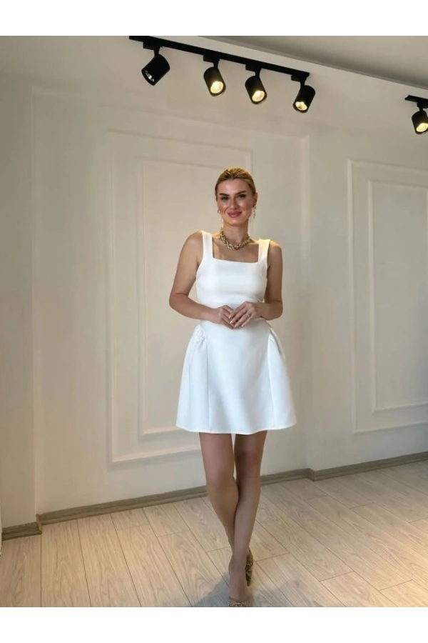 Bidebuvar Kadın Omuz Askılı Kare Yaka Ithal Atlas Kumas Mini Elbise