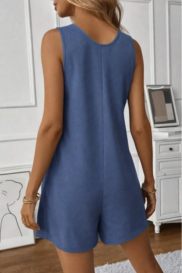 Bidebuvar Kadın Omuz Askılı önden Düğmeli Waffle Kısa Tulum