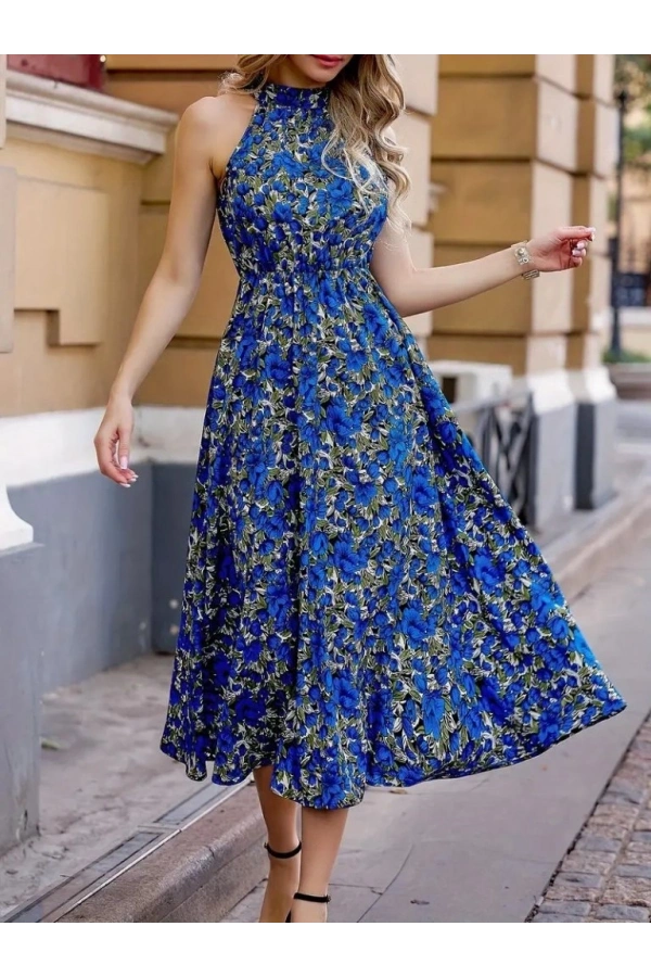 Bidebuvar Kadın Omuz Dekolteli Halter Yaka Desenli Maxi Süprem Elbise