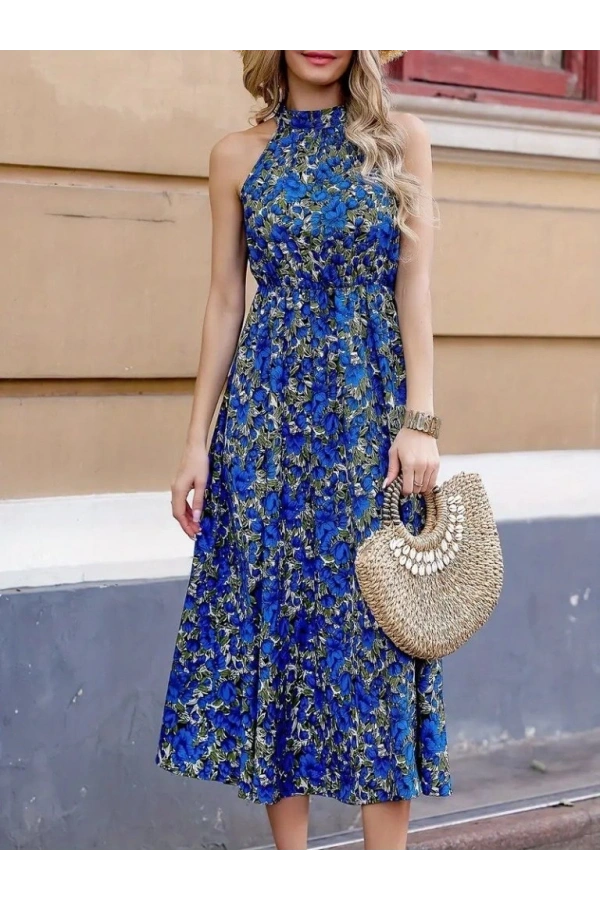 Bidebuvar Kadın Omuz Dekolteli Halter Yaka Desenli Maxi Süprem Elbise