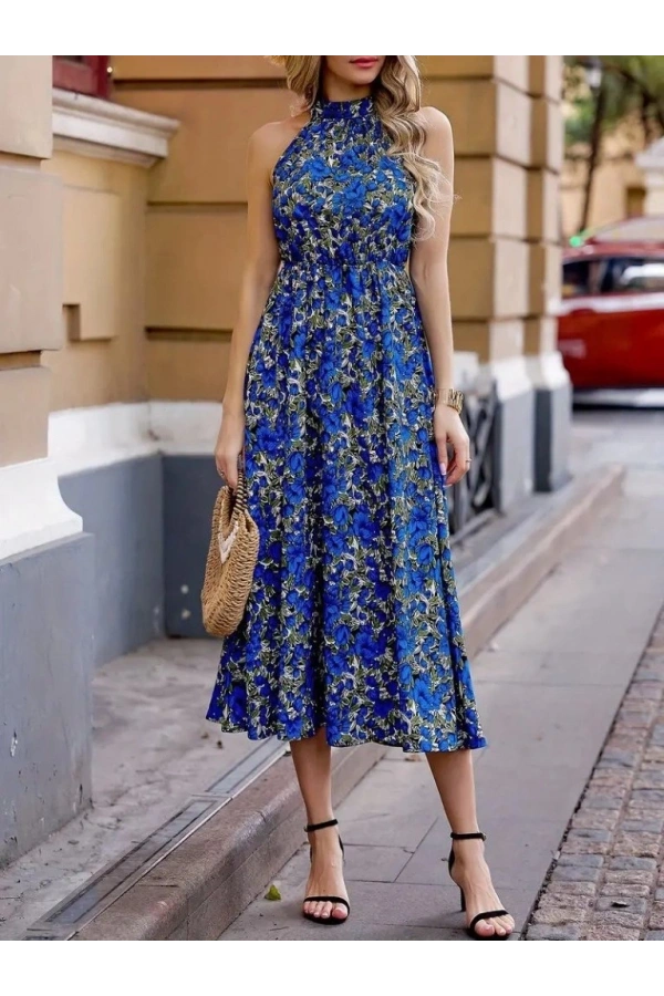 Bidebuvar Kadın Omuz Dekolteli Halter Yaka Desenli Maxi Süprem Elbise