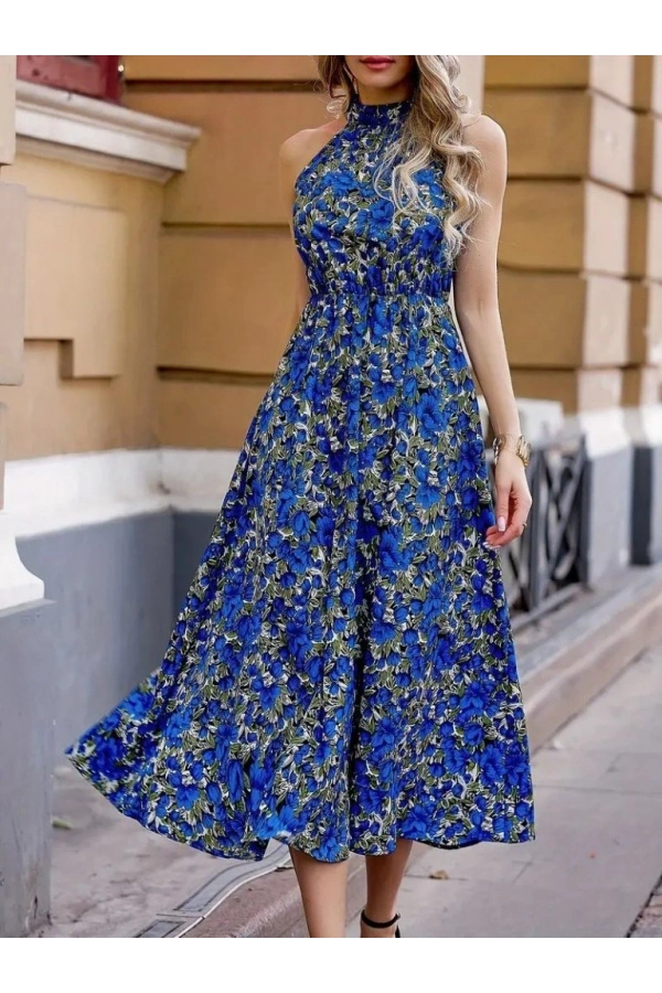 Bidebuvar Kadın Omuz Dekolteli Halter Yaka Desenli Maxi Süprem Elbise