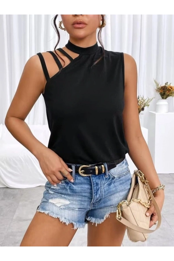 Bidebuvar Kadın Omuzdan şerit Detaylı Yarı Balıkçı Yaka Viskon Bluz