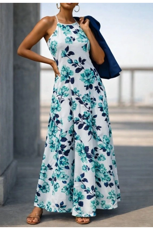 Bidebuvar Kadın Omuzlardan Açık Ip Askılı Desenli Uzun Süprem Elbise