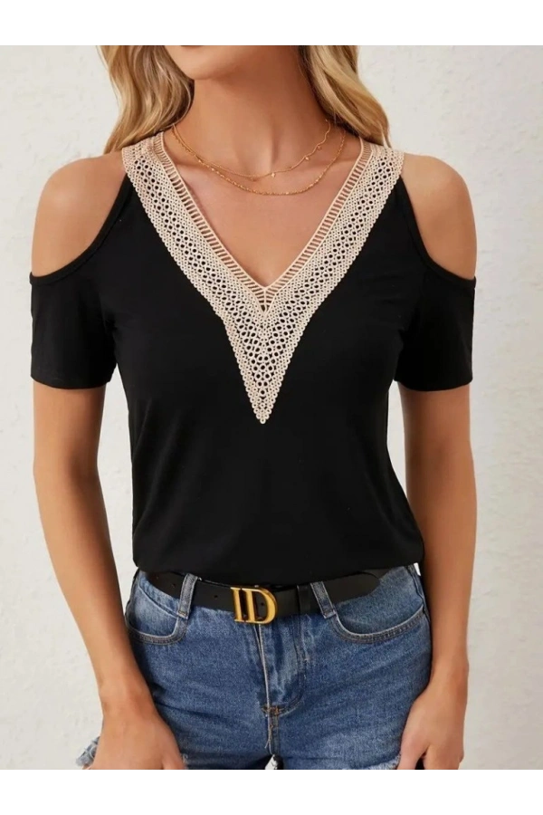 Bidebuvar Kadın Omuzlardan Açık V Yakalı Viskon Bluz