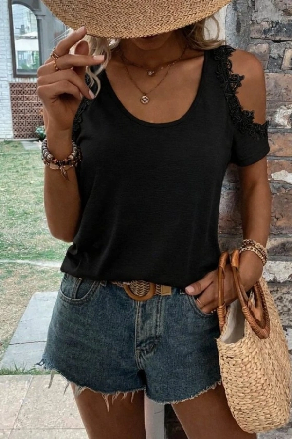 Bidebuvar Kadın Omuzlardan Açık Yuvarlak Yakalı Viskon Bluz