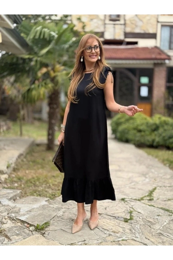 Bidebuvar Kadın Omuzlardan Büzgülü Kayık Yaka Fırfırlı Janjan Krep Elbise