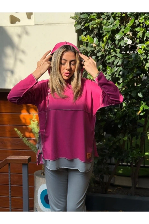 Bidebuvar Kadın Pembe Kapşonlu Etek Ucu Detay Arma Ters Dikiş Gorunumlu Ikili Takım