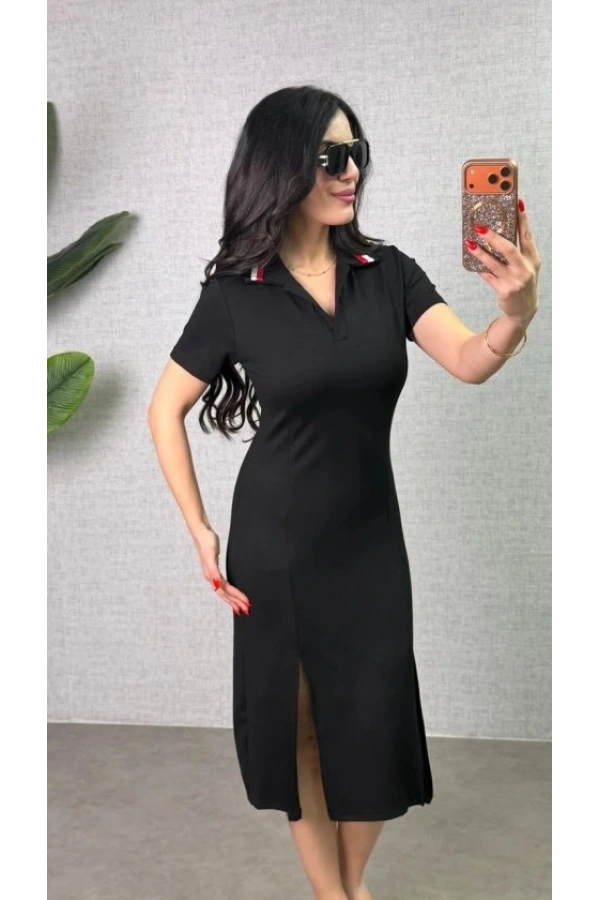 Bidebuvar Kadın Polo Yaka çift Yırtmaç Detay Modal Kumaş Midi Boy Elbise