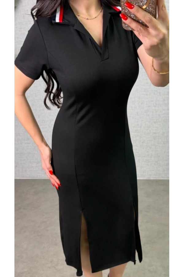 Bidebuvar Kadın Polo Yaka çift Yırtmaç Detay Modal Kumaş Midi Boy Elbise