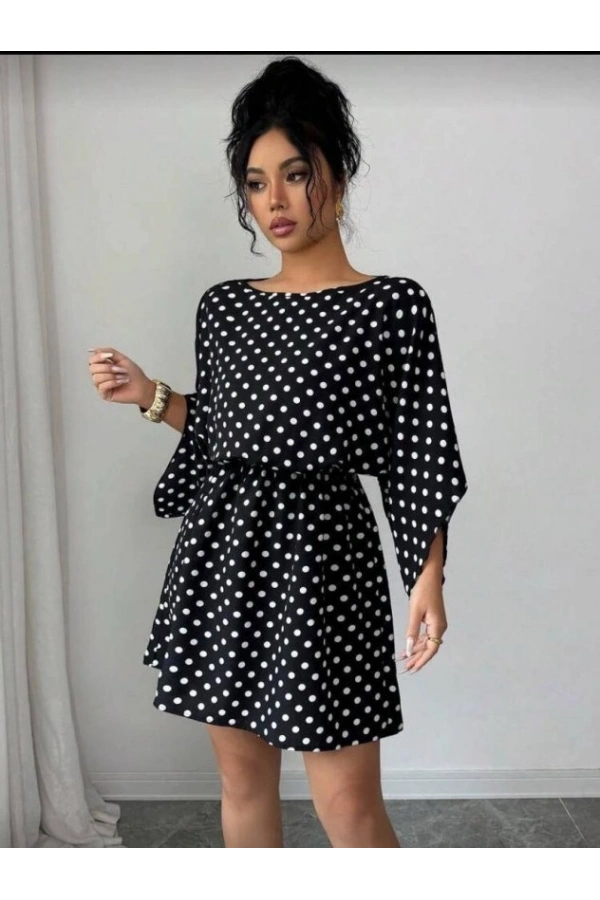Bidebuvar Kadın Puantiyeli örme Krep Mini Elbise (kemersiz)