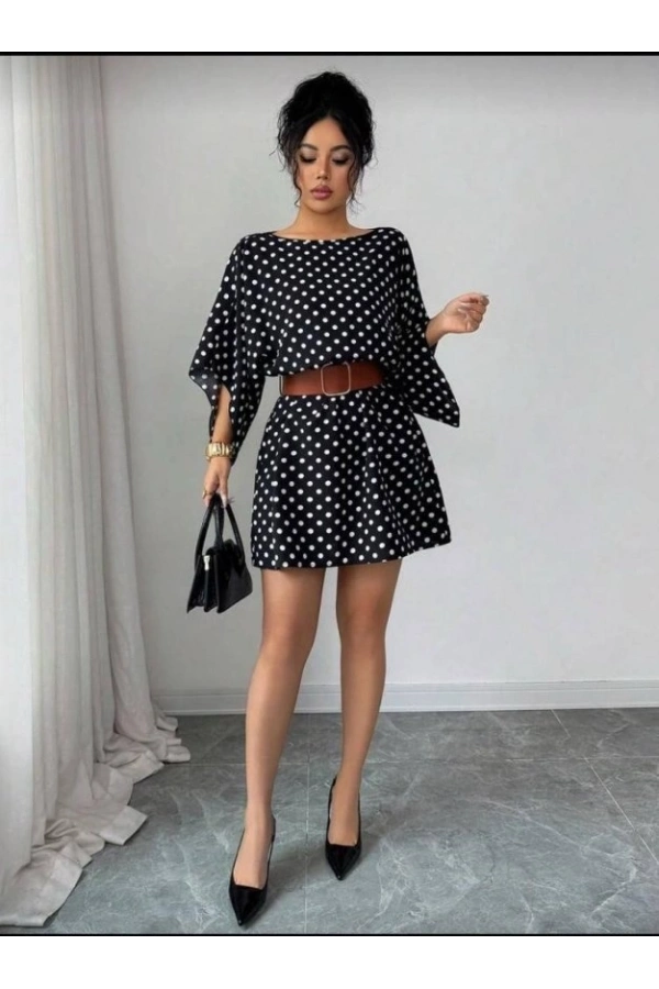 Bidebuvar Kadın Puantiyeli örme Krep Mini Elbise (kemersiz)