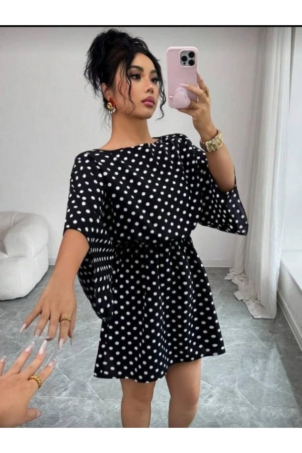 Bidebuvar Kadın Puantiyeli örme Krep Mini Elbise (kemersiz)