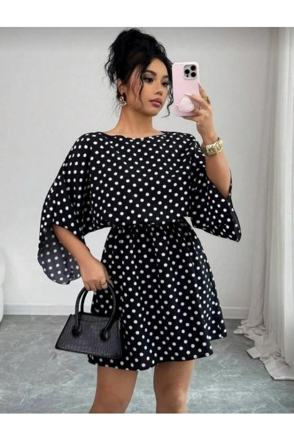 Bidebuvar Kadın Puantiyeli örme Krep Mini Elbise (kemersiz)