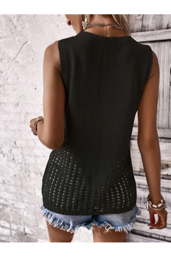 Bidebuvar Kadın Sıfır Kol Bisiklet Yaka Yanları Ajur Detay Triko Bluz