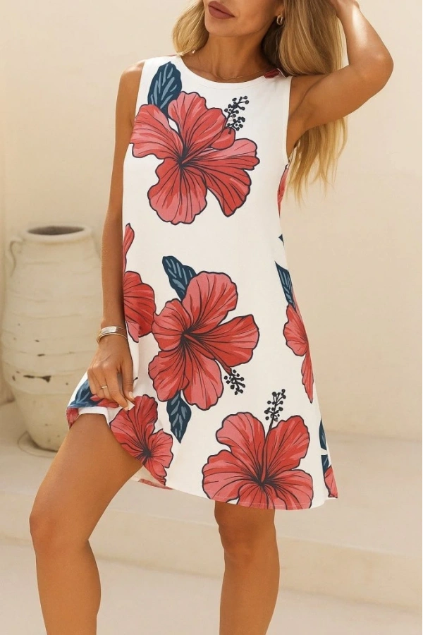 Bidebuvar Kadın Sıfır Kol Sırttan Bağlamalı Fırfırlı çiçek Desenli Süprem Elbise