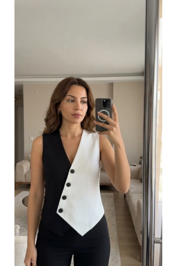 Bidebuvar Kadın Sıfır Kol V Yakalı Düğmeli Blok Renkli Atlas Yelek