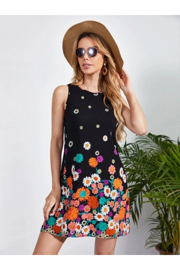 Bidebuvar Kadın Sıfır Kollu Bisiklet Yaka çiçek Desenli Süprem Mini Elbise