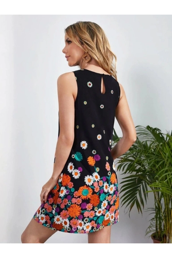 Bidebuvar Kadın Sıfır Kollu Bisiklet Yaka çiçek Desenli Süprem Mini Elbise