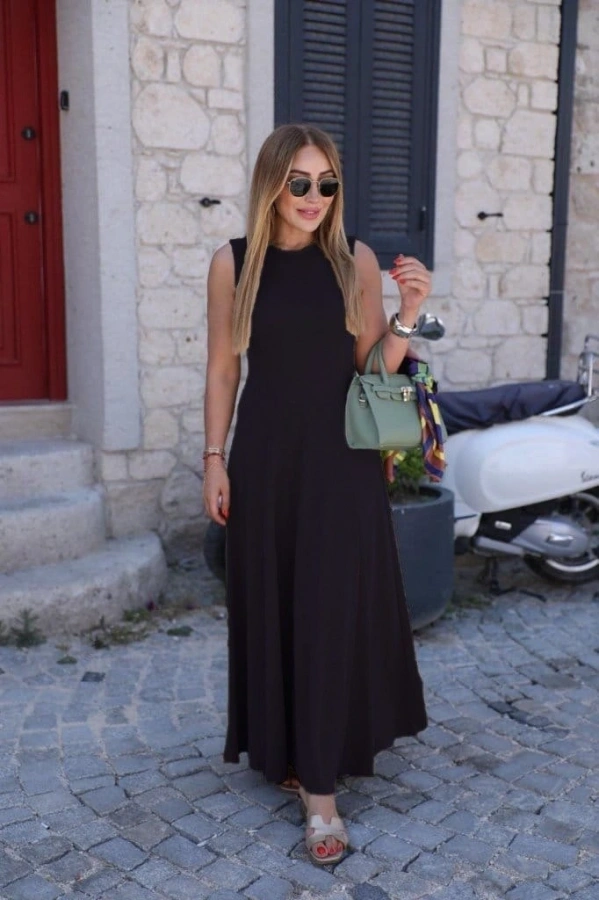 Bidebuvar Kadın Sıfır Kollu Bisiklet Yaka Viskon Elbise