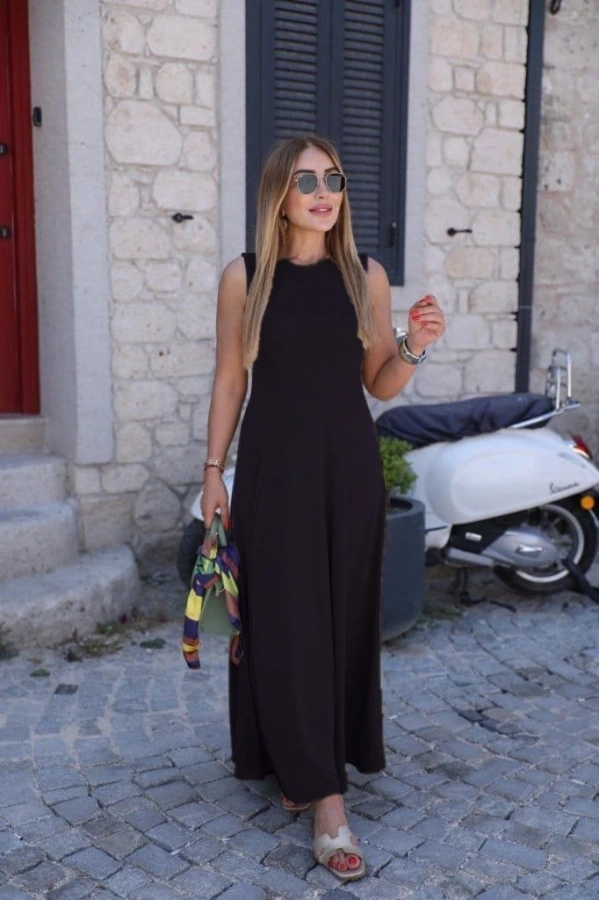 Bidebuvar Kadın Sıfır Kollu Bisiklet Yaka Viskon Elbise