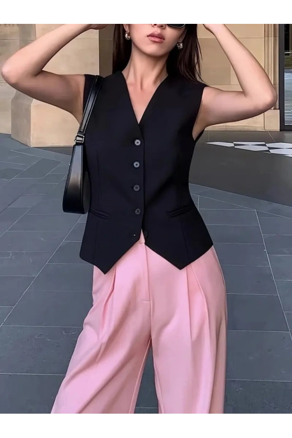 Bidebuvar Kadın Sıfır Kollu önden Düğmeli Atlas Yelek