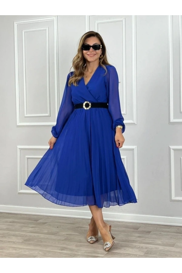 Bidebuvar Kadın şifon Kumaş Astalı Kloş Kesim Kruvaze Yaka Midi Boy Elbise