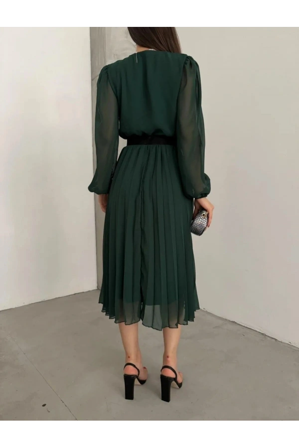 Bidebuvar Kadın şifon Kumaş Astalı Kloş Kesim Kruvaze Yaka Midi Boy Elbise