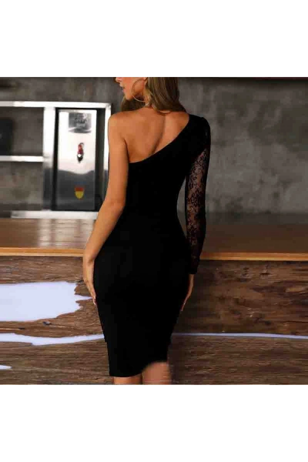 Bidebuvar Kadın Siyah Tek Kol Dantel Detay Omuz Dekolte Krep Elbise