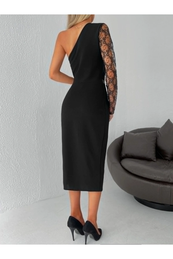Bidebuvar Kadın Siyah Tek Kol Dantel Detay Omuz Dekolte Krep Elbise