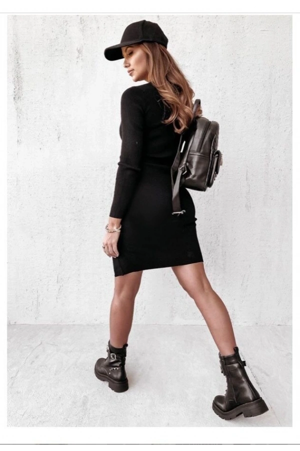 Bidebuvar Kadın Siyah Uzun Kollu Bisiklet Yaka Yan Yırtmaç Düğme Detay Kısa Kaşkorse Elbise