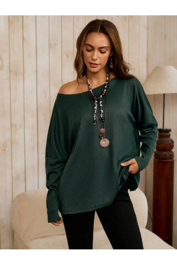 Bidebuvar Kadın Tek Omuzdan Açık Yarasa Kollu Waffle Bluz