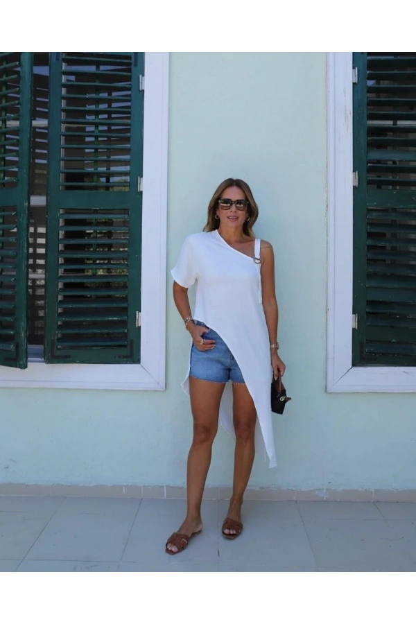 Bidebuvar Kadın Tek Omuzu Açık Askılı Asimetrik Kesim Detaylı Bluz