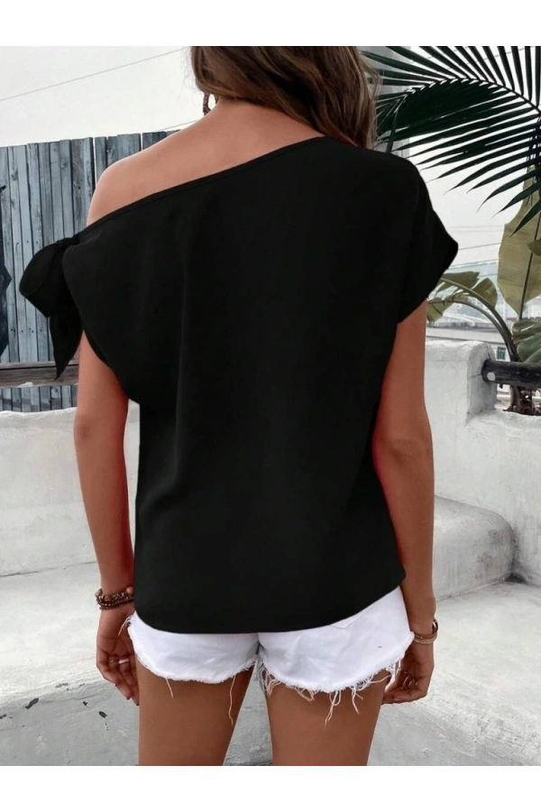 Bidebuvar Kadın Tek Omuzu Açık Koldan Bağlamalı Janjan Krep Bluz