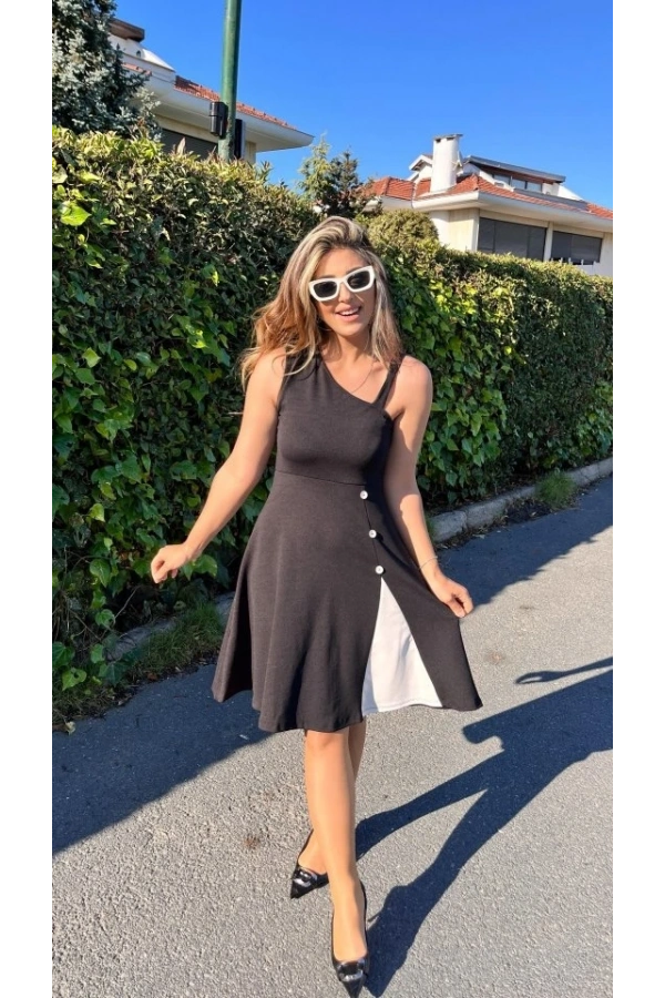 Bidebuvar Kadın Tek Omuzu şerit Detaylı Sıfır Kol Yandan Düğme Detaylı Janjan Krep Elbise