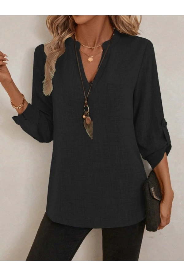 Bidebuvar Kadın Truvakar Kol V Yakalı Keten Bluz