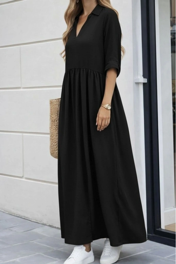 Bidebuvar Kadın Truvakar Kollu V Yakalı Yırtmaçlı Uzun Aerobin Elbise