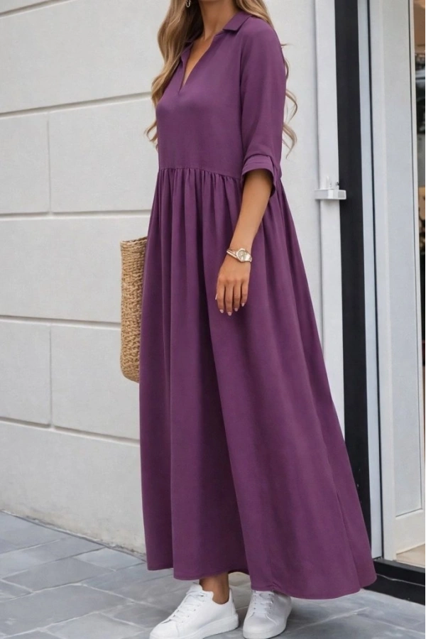 Bidebuvar Kadın Truvakar Kollu V Yakalı Yırtmaçlı Uzun Aerobin Elbise