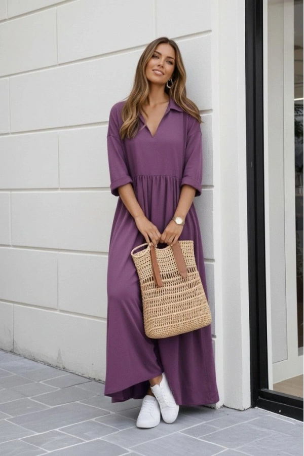 Bidebuvar Kadın Truvakar Kollu V Yakalı Yırtmaçlı Uzun Aerobin Elbise